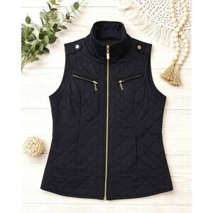 G by GUESS Womens Medium Black Quilted Zip Front Moto Utility Vest Gold Hardware